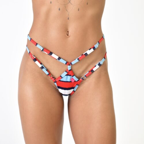 Model showcasing a close up view of the 2 Straps Diamond Bottom option for the American Tease Bikini